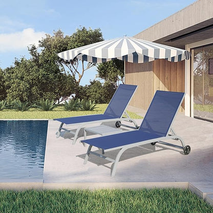 Domi Pool Lounge Chairs Set of 3, Adjustable Aluminum Outdoor Chaise Lounge with Wheels Patio Lounge Chairs with Side Table, All Weather for Deck Lawn Poolside Backyard-Navy Blue Textilene