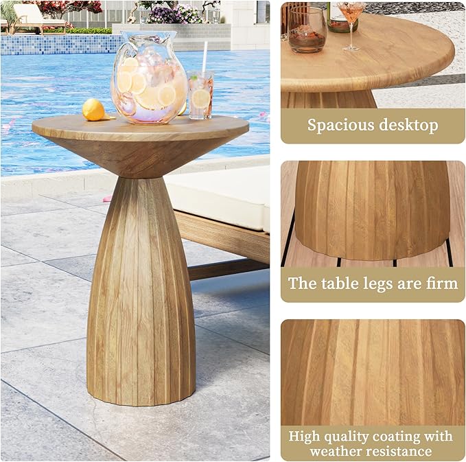 Metal Small Patio Table, Round Outdoor Side Table, Wood Color Outdoor Accent End Table, Patio Furniture, for Garden, Pool, Yard, Balcony, Living Room, Deck, Weather Resistant, No Assembly
