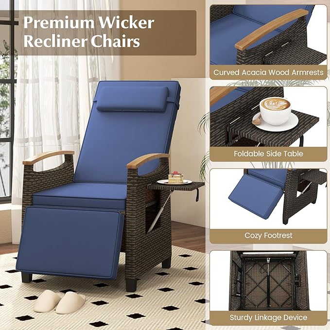 Tangkula Patio Wicker Recliner Chair, Rattan Lounge Chair w/Adjustable Backrest & Footrest, Flip Side Table, Push Back Reclining Seat w/Cushion for Backyard, Porch, Lawn (1, Navy)