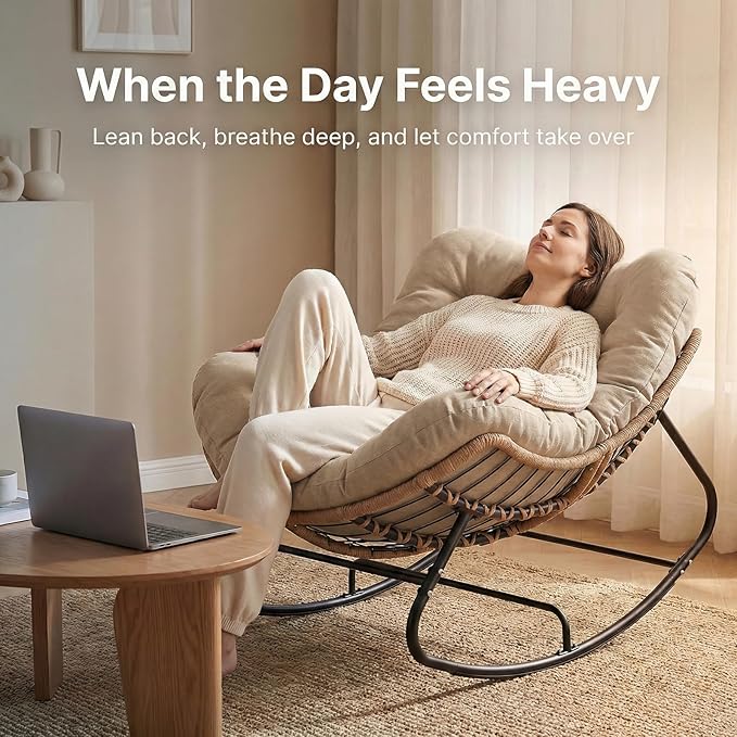 Oversized Papasan Rocking Chair Outdoor, Comfy Patio Papasan Egg Rocker with Thick Cushion for 450 lbs - Photo 3