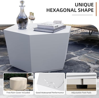 UPHA 28" Hexagon Outdoor Coffee Table, Modern Hollow Concrete Patio Table, Small Minimalist Low Accent Table for Living Room, Balcony, Deck, Backyard, Pure White