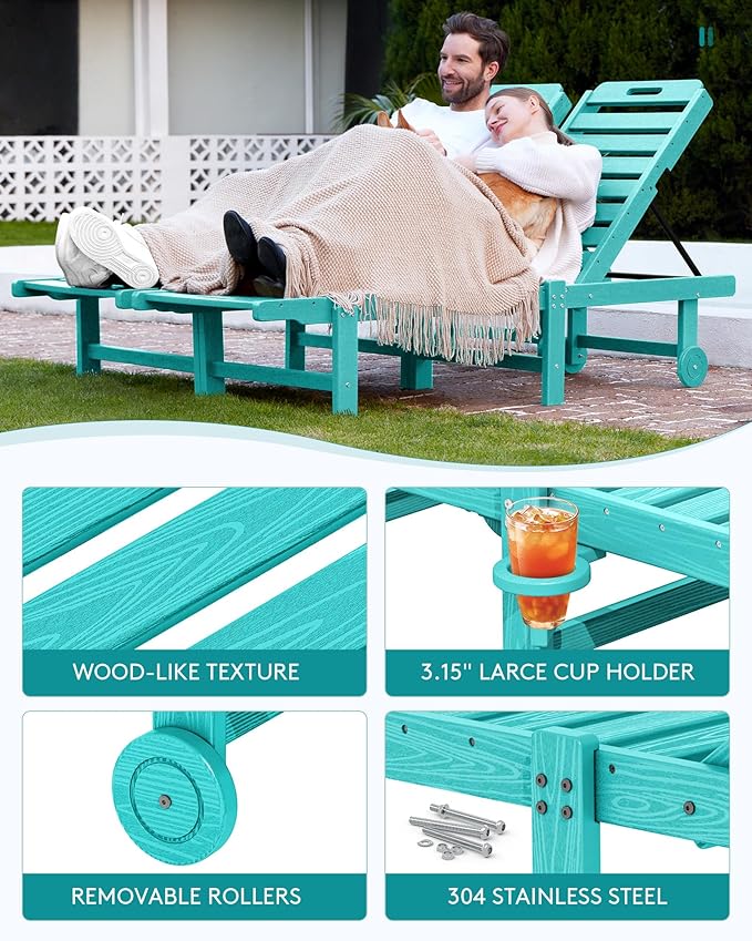 SERWALL Patio Chaise Lounge Chair, HDPE Outdoor Lounge Chair with Cup Holder - Photo 6