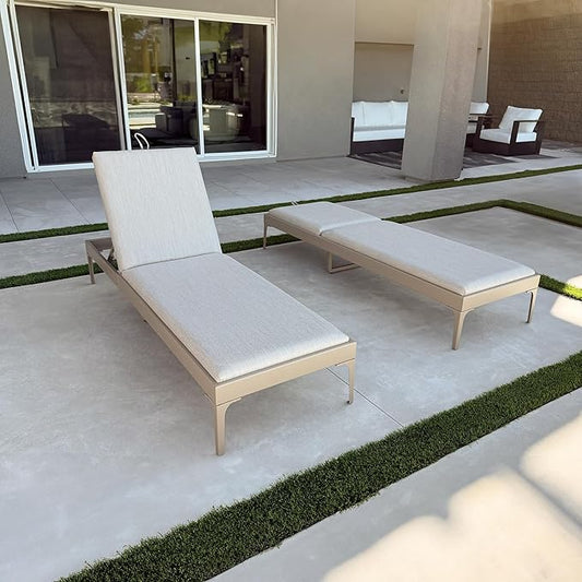 PURPLE LEAF Outdoor Chaise Lounge Set of 3 Aluminum Adjustable Patio Lounger Chairs with Cushions Reclining Beach Daybed for Poolside Balcony Deck Backyard, Champagne