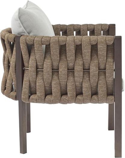 Christopher Knight Home Lena Patio Club Chairs Set of 2, Metal Accent Chairs, Rope Woven Backrest Armchair, Upholstered Cushions Seating, Tub Back Design for Backyard Garden, Brown+Light Gray