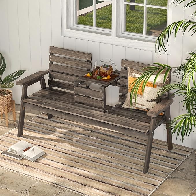 Tangkula Outdoor Fir Wood Bench with Foldable Middle Table, 2-3 Person Garden Bench with Backrest and Armrests - Photo 2