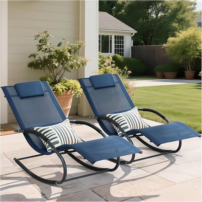 Outdoor Lounge Chair with Pillow, Pool Chaise Lounge Chair Set of 2, Navy Blue - Photo 1