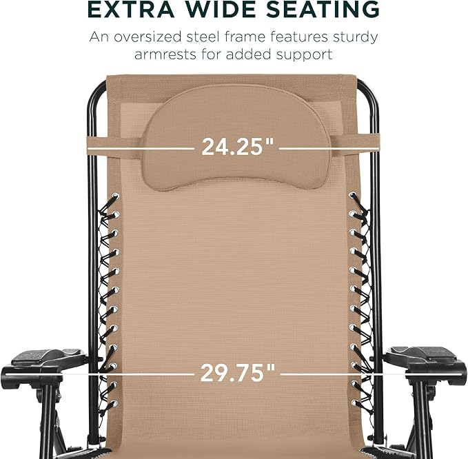 Best Choice Products Oversized Zero Gravity Chair, Folding Outdoor Patio Lounge Recliner w/Cup Holder Accessory Tray, Pillow - Tan