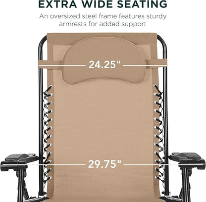 Best Choice Products Oversized Zero Gravity Chair, Folding Outdoor Patio Lounge Recliner w/Cup Holder Accessory Tray, Pillow - Tan