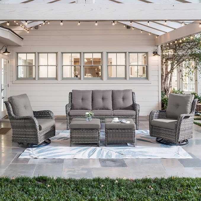 Belord 5 Piece Wicker Patio Furniture Set, Outdoor Swivel Rocker Chairs Set of 2 with Ottomans and 3 Seater Sofa - Photo 1