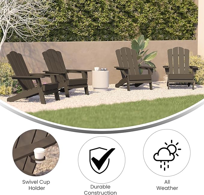 Flash Furniture Newport Adirondack Chairs with Cup Holders, Weather Resistant Poly Resin Adirondack Chairs, Set of 4, Brown