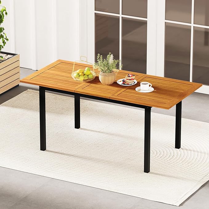 Tangkula 64 Inches Extendable Patio Dining Table for 4-8 People, Acacia Wood Outdoor Slatted Table with 1.97" Umbrella Hole & Metal Leg, Indoor/Outdoor Rectangular Table for Deck Garden Backyard