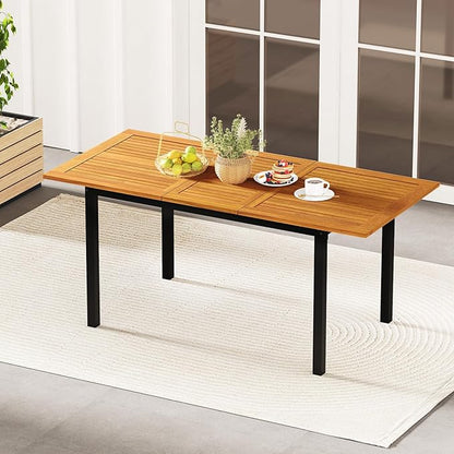 Tangkula 64 Inches Extendable Patio Dining Table for 4-8 People, Acacia Wood Outdoor Slatted Table with 1.97" Umbrella Hole & Metal Leg, Indoor/Outdoor Rectangular Table for Deck Garden Backyard