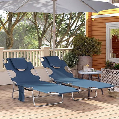 Outsunny Chaise Lounge Chair Outdoor Set of 2 with Face Arm Hole, 5-Position Reclining Face Down Tanning Chair with Carry Strap, Side Pocket, Portable Folding Bed Cot for Patio Beach Pool, Dark Blue