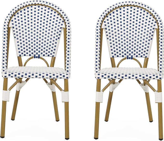 Christopher Knight Home Philomena Outdoor French Bistro Chair (Set of 2), Blue + White + Bamboo Print Finish - Photo 1