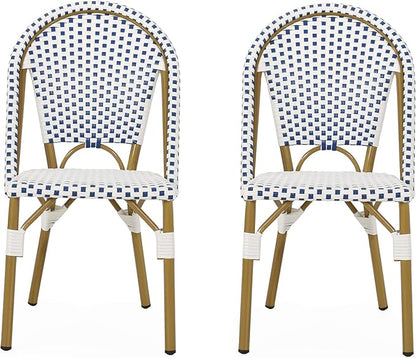 Christopher Knight Home Philomena Outdoor French Bistro Chair (Set of 2), Blue + White + Bamboo Print Finish