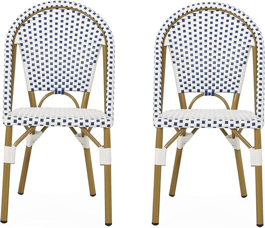Christopher Knight Home Philomena Outdoor French Bistro Chair (Set of 2), Blue + White + Bamboo Print Finish