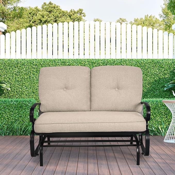Giantex Outdoor Glider Bench, Patio Loveseat with Cushions, 440 Lbs Capacity, 2-Person Outdoor Rocking Chair, Porch Glider Swing for Garden, Backyard, Poolside, Patio Seating Rocker (Beige)
