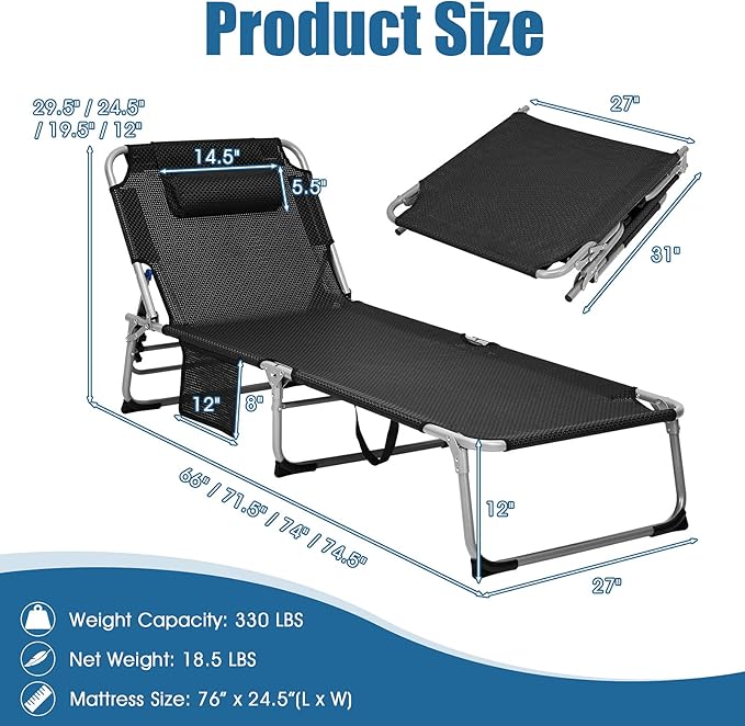 Giantex 2-in-1 Patio Chaise Lounge Chair with Detachable Mattress & Pillow, 4 Adjustable Position, Side Pocket, 330 Lbs Camping Cot, Folding Tanning Chair for Outside, Sunbathing, Pool, Lawn, Beach