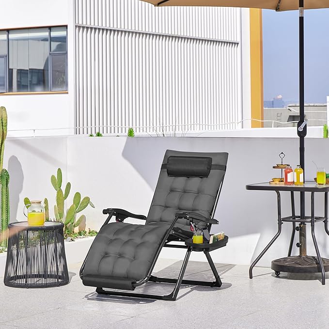 Yaheetech 29" Zero Gravity Chair Folding Reclining Lounge Recliner with Removable Pad & Headrest & Side Cup Holder Tray for Indoor and Outdoor Dark Gray/1