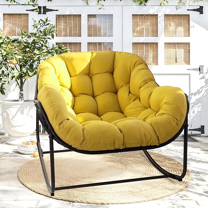 Papasan Rocking Chair Indoor & Outdoor, Oversized Egg-Shaped Papasan Rocker with Cushion & Pillow, All-Weather Wicker Patio Lounge Chair for Garden, Porch, Living Room (Yellow)