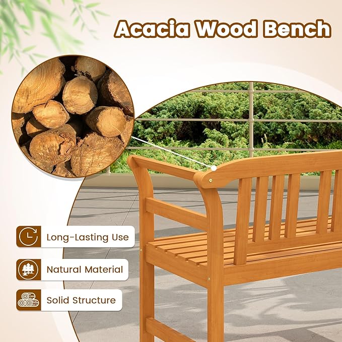 Tangkula Acacia Wood Outdoor Bench with Slatted Backrest, 2-Person Patio Wood Bench with Curved Armrests, Slatted Seat, Garden Bench Loveseat for Park, Yard, Lawn, Patio, 800 LBS Max Load