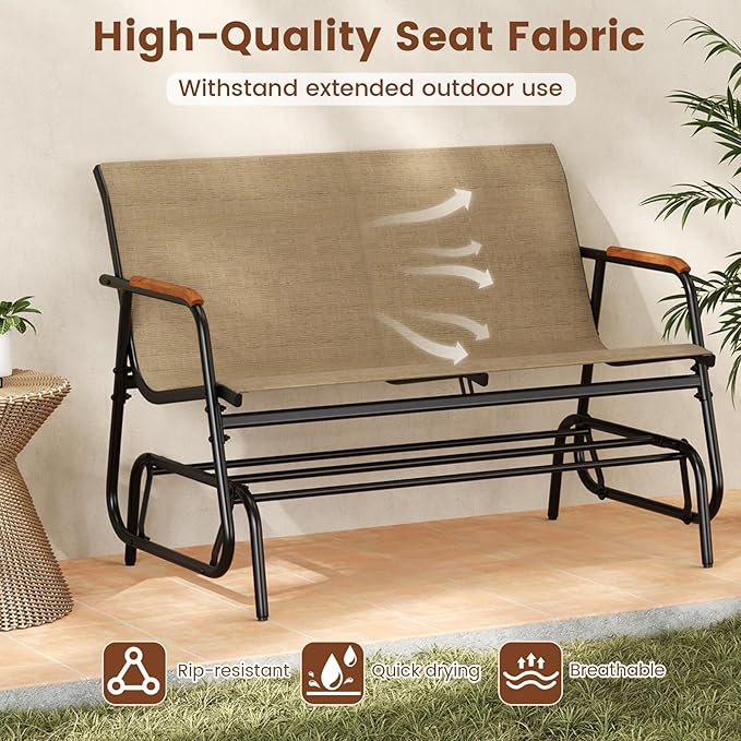 Giantex Patio Glider Bench, 2-Person Swing Gliding Loveseat with Curved Teak Armrests, Fabric Seat, Metal Frame - Photo 7