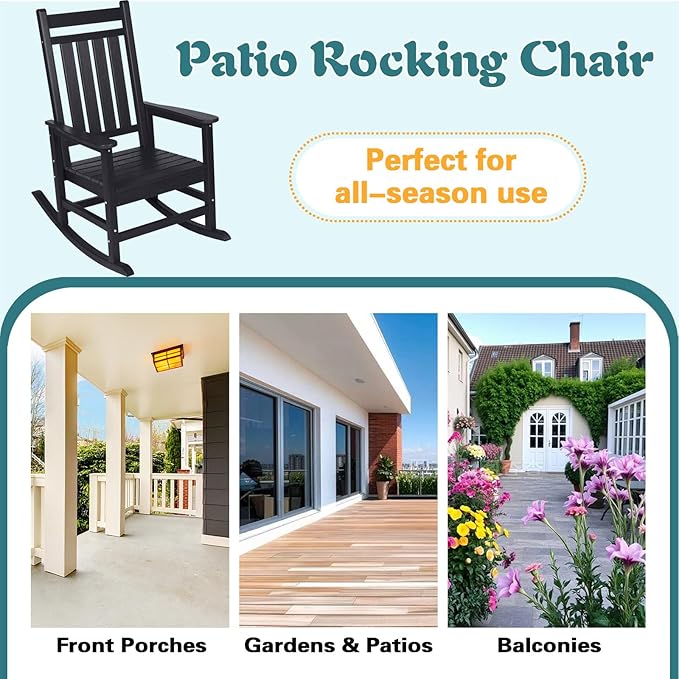 Outdoor Rocking Chair for Adults, High Back Patio Rocking Chair, HDPE All Weather Resistant Porch Rocker for Lawn, Porch, Backyard, Indoor and Garden (Black)
