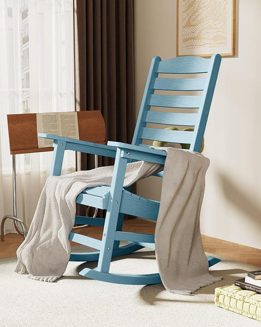 YEFU Outdoor Rocking Chair Set of 4,Poly Porch Rocker with Curved Backrest,All Weather Patio Rocking Chair,Like Real Wood,for Indoor,Lawn, Backyard,Garden,Heavy Duty,Weight Capacity 380lbs(Blue)