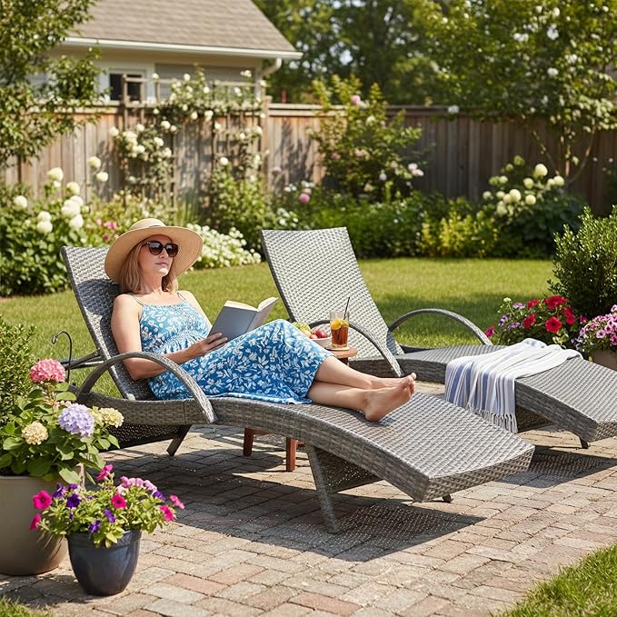 Wicker Outdoor Lounge Chairs with Pull Out Side Table, Pool Lounge Chairs Set of 2, Gray Rattan Outdoor Lounger - Photo 9