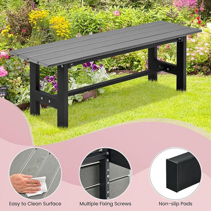 Tangkula 47 Inch HDPE Outdoor Bench Backless Set of 2, Patio Dining Bench with Slatted Seat & Heavy-Duty Metal Frame, 660 LBS Capacity, Weatherproof Outside Bench for Garden, Yard & Porch, Grey