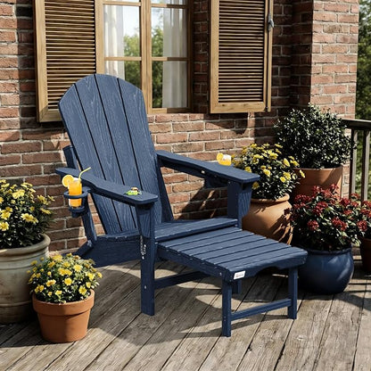 Mdeam 3-Level Adjustable Adirondack Chair with Retractable Ottoman, HDPE All-Weather Folding Fire Pit Chair with 2 Cup Holders, Outdoor Chair for Deck Patio Garden Backyard Lawn (Navy Blue)