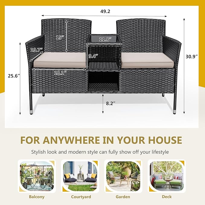 Flamaker Outdoor Furniture Patio Loveseat Wicker 2-Seat with Built-in Table and Cushions Rattan Porch Chairs Bench for - Photo 6