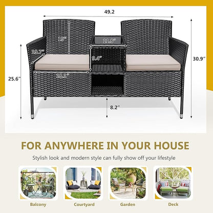 Flamaker Outdoor Furniture Patio Loveseat Wicker 2-Seat with Built-in Table and Cushions Rattan Porch Chairs Bench for Balcony, Lawn, Backyard (Beige)