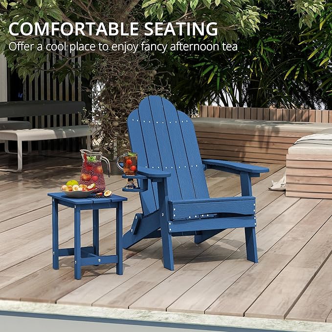LUE BONA Folding Adirondack Chair Set of 2 with Adirondack Side Table, Navy Blue HDPS Fire Pit Adirondack Chairs with Cup Holder for Patio, Proch