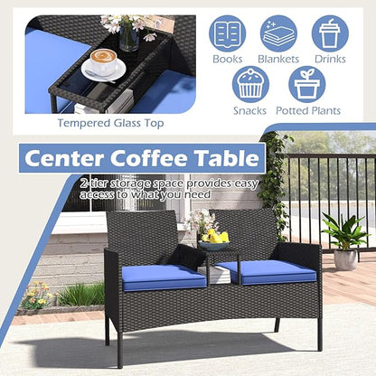 HAPPYGRILL Outdoor Rattan Loveseat, 2-Seat Patio Conversation Set with Built-in Coffee Table, Cushions, Wicker Bench Furniture for Backyard, Garden, Balcony, Porch (Navy)