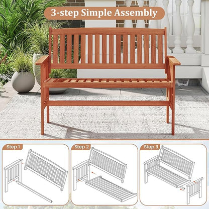 Tangkula Outdoor Wood Garden Bench, 2-Person Patio Park Bench with Backrest, Armrests and Slatted Seat, Outside Loveseat Furniture for Front Porch, Balcony, Deck and Yard