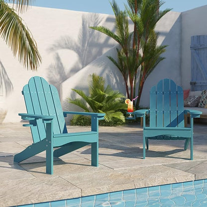 LUE BONA HDPS Adirondack Chairs Set of 4, Fire Pit Outdoor Chair Weather Resistant with Cup Holder, Modern Plastic Chair Plastic for Patio, Deck, Proch, 350LBS, Blue Turquoise
