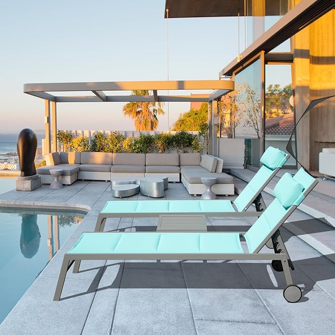 Domi Patio Chaise Lounge Set of 3, Outdoor Lounge Chair, Aluminum Textilene Padded 5 Position Pool Lounger, Stackable Lounge Chair w/Headrest, Wheels, Side Table, for Beach Backyard Lawn, Turquoise