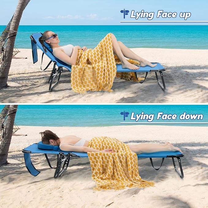 HAPPYGRILL Foldable Beach Chaise Lounge Chair with Face Hole & Detachable Pillows, Portable Sunbathing Tanning Chair with 5 Adjustable Positions, Outdoor & Indoor Recliner for Beach Camping Patio