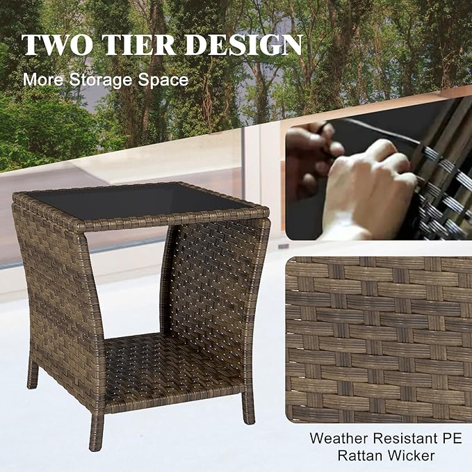Outdoor Wicker Side Table, Set of 2 Rattan Side Tables End Table for Patio with Glass Top Rattan Storage for Patio Garden Balcony