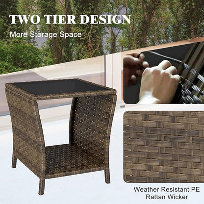 Outdoor Wicker Side Table Rattan Side Tables End Table for Patio with Glass Top Rattan Storage for Patio Garden Balcony