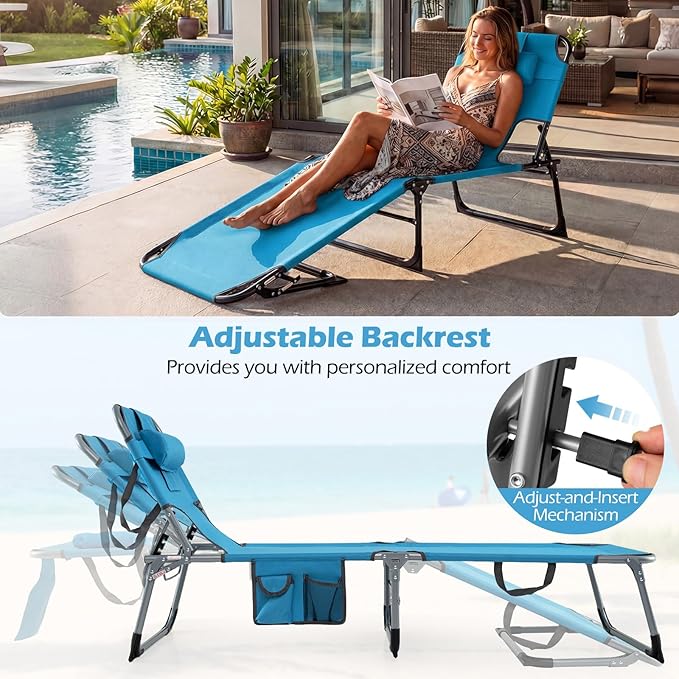 GYMAX Tanning Chair with Face Hole, Sun Bathing Lounge Chairs for Outside with Side Pocket, Folding Portable Face Down Layout Tanning Chair Beach, Backyard, Poolside, Lawn (Blue,1)