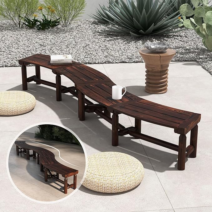 Moccha Outdoor Curved Bench, Carbonized Wood Fire Pit Bench with Slatted Seat, Loveseat, Rustic Wood Outside Chair, Patio Backless 2-Person Seating for Yard Deck Porch, 710 LBS Max Load