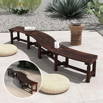 Tangkula Patio Curved Bench, Carbonized Wood Dining Bench, Spacious & Slatted Seat, 710 LBS Max Load, 2-Person Wood Fire Pit Bench for Backyard, Garden, Porch