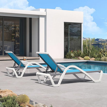 PURPLE LEAF Patio Chaise Lounge Chair Set of 3 Outside Aluminum Plastic Stackable Tanning Chairs with Armrests and Side Table for Pool Sunbathing Beach Deck Outdoor Lounger, Turquoise Blue