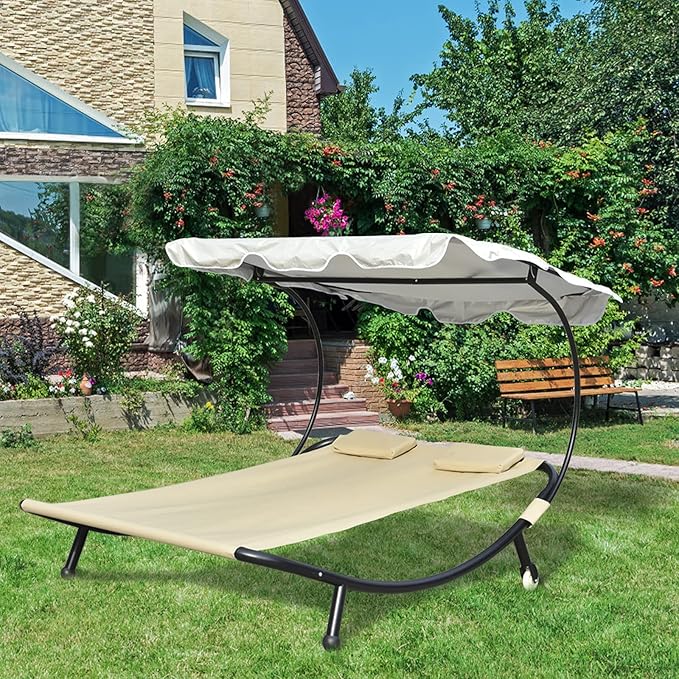 Chaise Lounge Outdoor Hammock with Stand for Outside with Adjustable Canopy & Pillows, 2 Person Chaise Lounge Lawn Chair with Shade for Backyard, Garden, Poolside