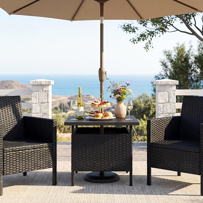 Tangkula Outdoor Wicker Table, Rattan Coffee Table with Umbrella Insert Hole, HDPE Tabletop & Sturdy Metal Frame, Patio Umbrella Side Table Stand for Backyard, Garden, Poolside (Black)