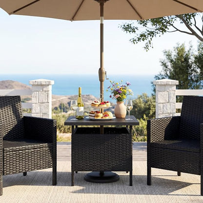 Tangkula Outdoor Wicker Table, Rattan Coffee Table with Umbrella Insert Hole, HDPE Tabletop & Sturdy Metal Frame, Patio Umbrella Side Table Stand for Backyard, Garden, Poolside (Black)