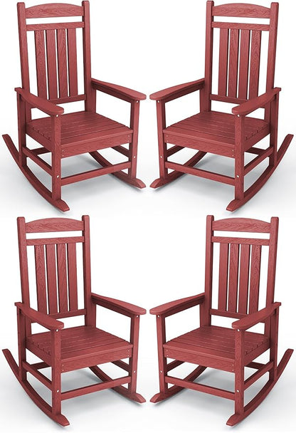 KINGYES HDPE Outdoor Rocking Chair Set of 4, All-Weather Poly Patio Rocking Chairs with 330lbs Support for Adults, Dark Red