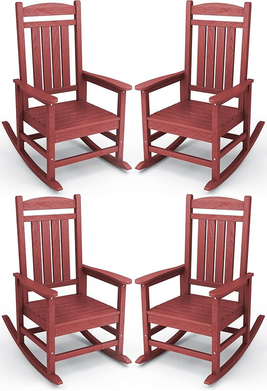 KINGYES HDPE Outdoor Rocking Chair Set of 4, All-Weather Poly Patio Rocking Chairs with 330lbs Support for Adults, Dark Red